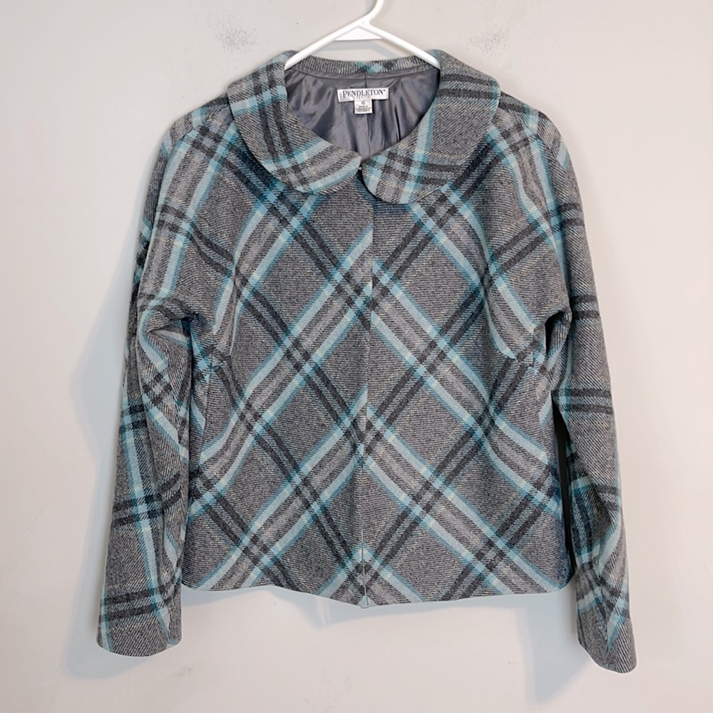 Pendleton plaid one button grey blue blazer jacket